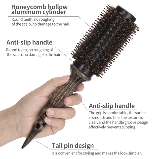 Custom Round Barrel Hair Brush with Boar Bristles Aluminum Curly Salon Styling Curling Round Hair Brush