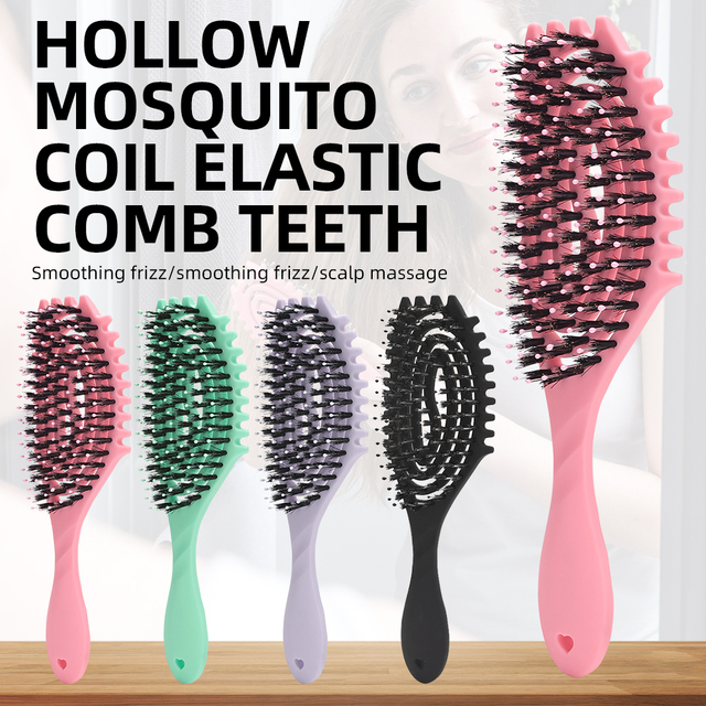 Pink Hollow Elastic Curl Defining Brush Frosted Material Curly Hair Styling Brush Scalp Massage Comb