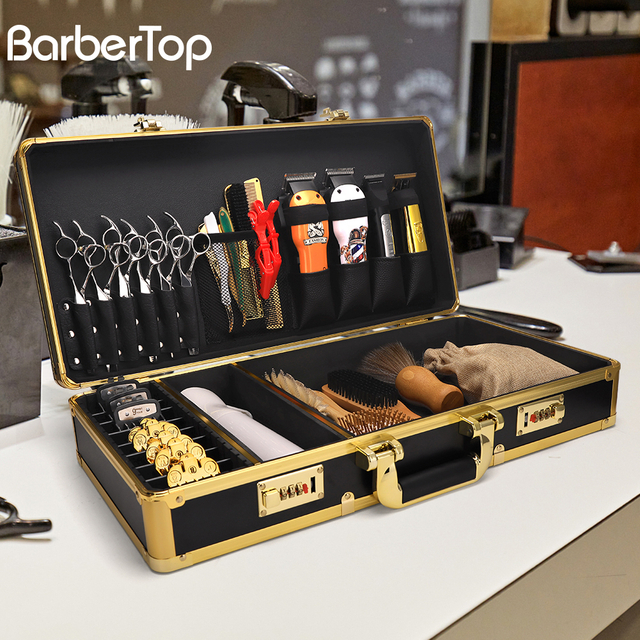Hot Sale Portable Aluminum Barber Briefcase Barber Tools Suitcase Salon Password Gold Barber Case