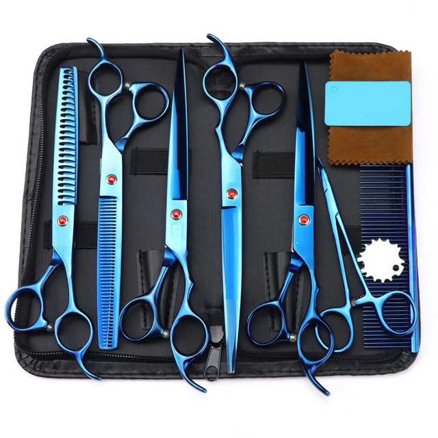 7.5 Inch Pet Scissors Kit,Straight Cut And Thinning And Curved Scissor And Fish Bone Shears Dog Grooming Set