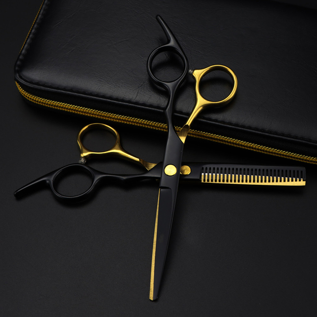 professional JP 440c steel 6 inch black gold hair cutting scissors haircut thinning barber cut shears tools Hairdresser scissors