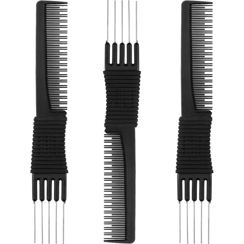 3 Pack Carbon Lift Teasing Combs with Metal Prong, Salon Teasing Back Combs Carbon Comb with Stainless Steel Lift