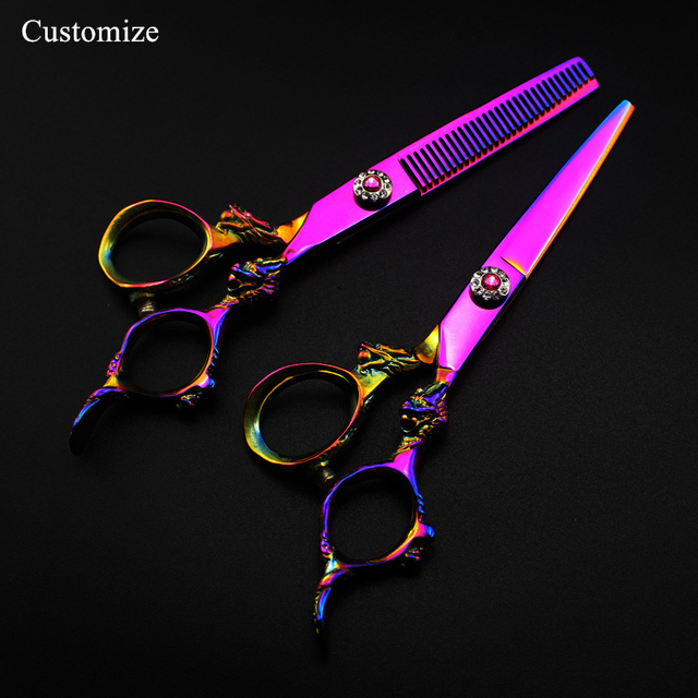 Customize logo Japan steel 6 '' rainbow dragon hair scissors haircut thinning barber hair cutting shears Hairdresser scissors