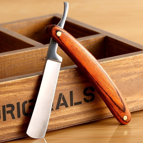 Vintage Wood Handle Straight Edge Stainless Steel Barber Razor Folding Shaving Knife