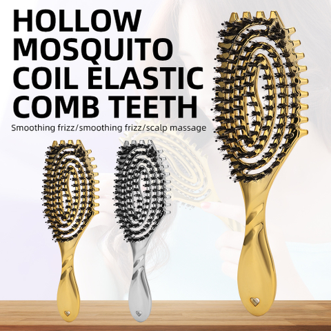 Barber Hollow Out Design Electroplate Soft Bristle Paddle Nylon Hair Brush Comb