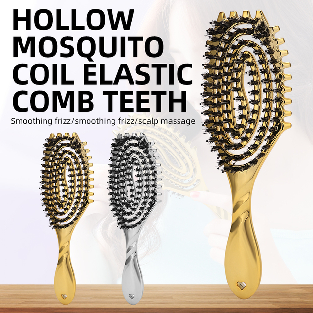 Barber Hollow Out Design Electroplate Soft Bristle Paddle Nylon Hair Brush Comb