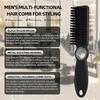 Back view of the black beard brush displaying the durable ABS handle with hanging hole