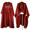 Glossy red salon cape for professional hair coloring and styling